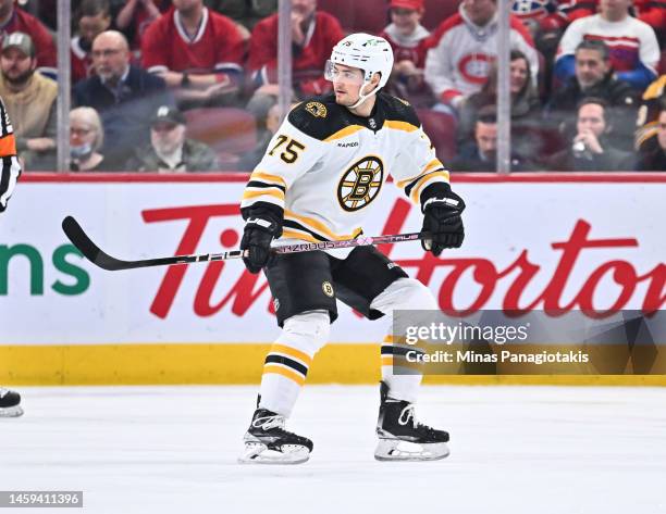 Connor Clifton of the Boston Bruins skates during the first period against the Montreal Canadiens at Centre Bell on January 24, 2023 in Montreal,...