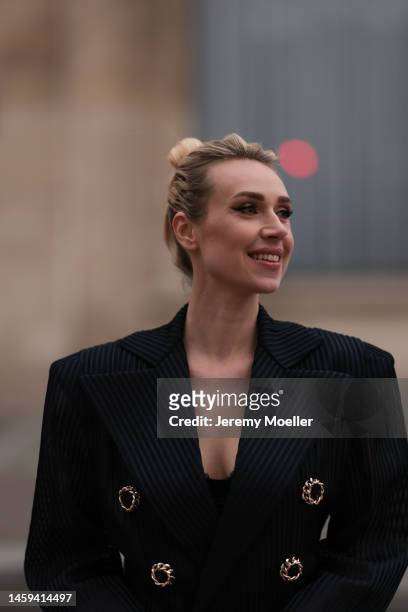 Marina von Lison seen wearing Nicolas Besson matching suit before Alexandre Vauthier show during Paris Fashion Week on January 24, 2023 in Paris,...