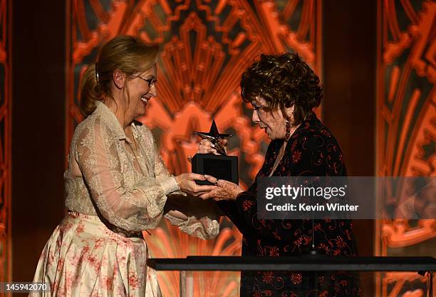 Actress Meryl Streep and honoree Shirley MacLaine onstage at the 40th AFI Life Achievement Award honoring Shirley MacLaine held at Sony Pictures...
