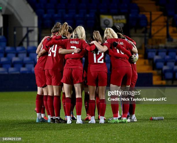 Liverpool women have a team talk before the FA Women's Continental Tyres League Cup match between Liverpool and West Ham United at Prenton Park on...