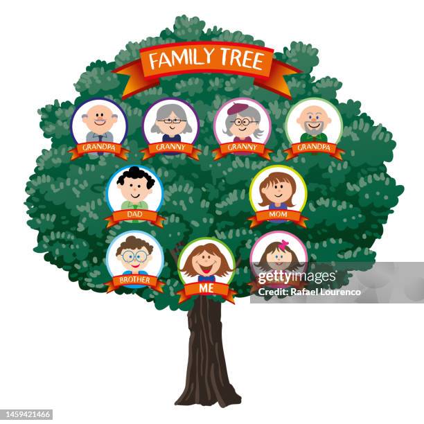 cute genealogical family tree diagram showing three generation - treetop stock illustrations