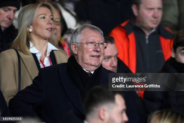 Former Manchester United manager Sir Alex Ferguson looks on from the stands prior to the Carabao Cup Semi Final 1st Leg match between Nottingham...