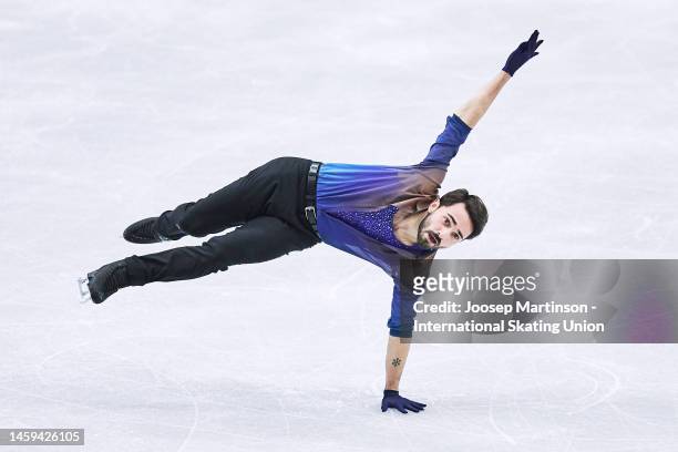 Kevin Aymoz of France competes in the Men's Short Program during the ISU European Figure Skating Championships at Espoo Metro Areena on January 25,...