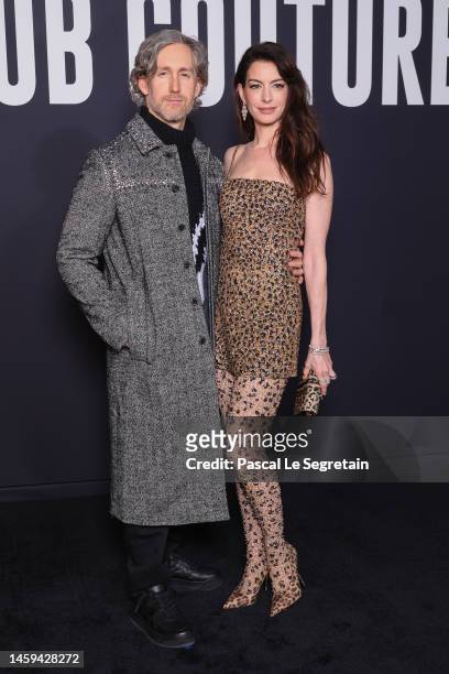 Adam Shulman and Anne Hathaway attend the Valentino Haute Couture Spring Summer 2023 show as part of Paris Fashion Week on January 25, 2023 in Paris,...