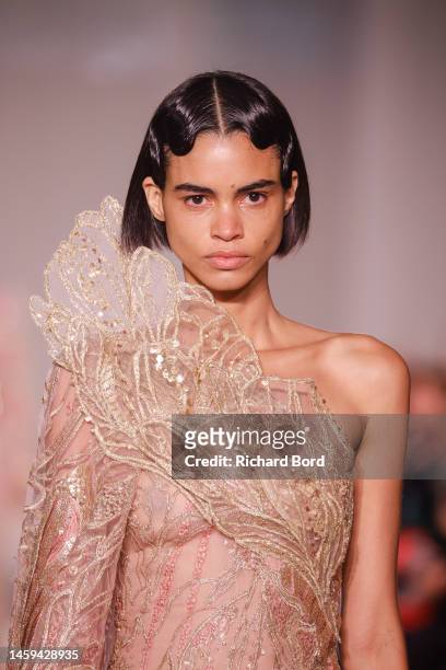 Model walks the runway during the Elie Saab Haute Couture Spring Summer 2023 show at Le Carreau du Temple as part of Paris Fashion Week on January...
