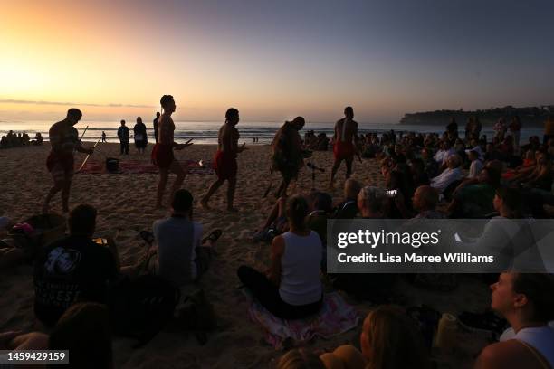 First Nations Elder Dean Kelly and Yuin Gurandgi dancers lead a Dawn Reflection and Smoking Ceremony at Bondi Beach on January 26, 2023 in Sydney,...