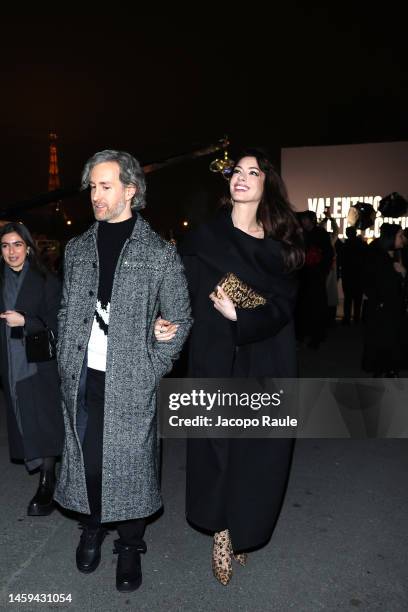 Adam Shulman and Anne Hathaway attend the Valentino Haute Couture Spring Summer 2023 show as part of Paris Fashion Week on January 25, 2023 in Paris,...