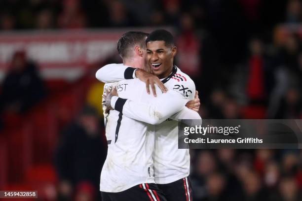 Wout Weghorst celebrates with teammate Marcus Rashford of Manchester United after scoring the team's second goal during the Carabao Cup Semi Final...