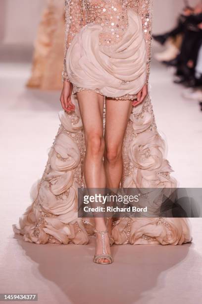 Model walks the runway during the Elie Saab Haute Couture Spring Summer 2023 show at Le Carreau du Temple as part of Paris Fashion Week on January...