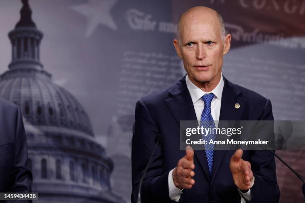 Sen. Rick Scott speaks during a news conference at the U.S. Capitol Building on January 25, 2023 in Washington, DC. Senate Republicans held the news...