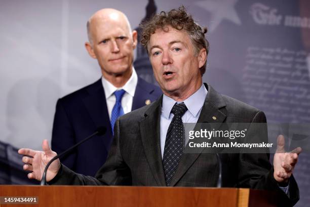 Sen. Rand Paul speaks during a news conference at the U.S. Capitol Building on January 25, 2023 in Washington, DC. Senate Republicans held the news...
