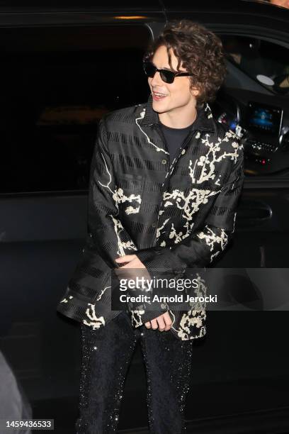 Timothée Chalamet is seen arriving at the Jean-Paul Gaultier show during Paris Fashion Week Haute Couture Spring Summer 2023 on January 25, 2023 in...