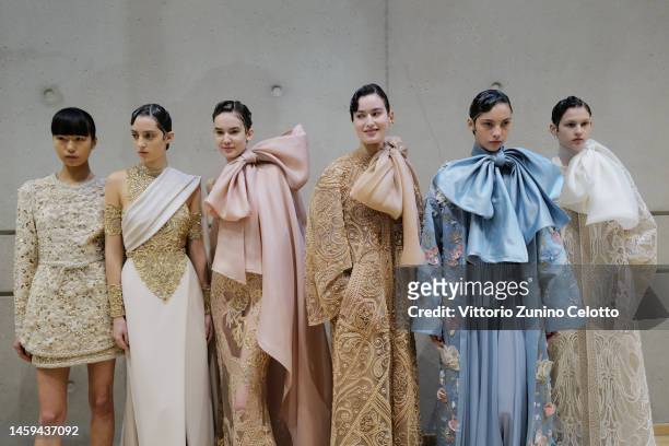 Models pose backstage prior to the Elie Saab Haute Couture Spring Summer 2023 show as part of Paris Fashion Week on January 25, 2023 in Paris, France.