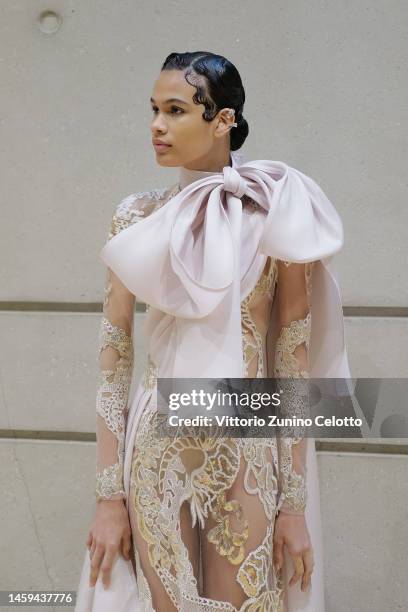 Model poses backstage prior to the Elie Saab Haute Couture Spring Summer 2023 show as part of Paris Fashion Week on January 25, 2023 in Paris, France.