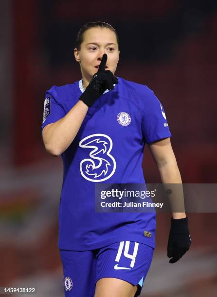 Fran Kirby of Chelsea celebrates after scoring their sides second goal during the FA Women's Continental Tyres League Cup match between Tottenham...