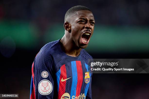 Ousmane Dembele of FC Barcelona celebrates after scoring their side's first goal during the Copa Del Rey Quarter Final match between FC Barcelona and...