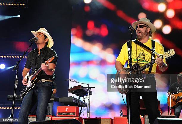 Brad Paisley is joined by special guest Hank Williams Jr. During the 2012 CMA Music Festival - Day 1 at LP Field on June 7, 2012 in Nashville,...