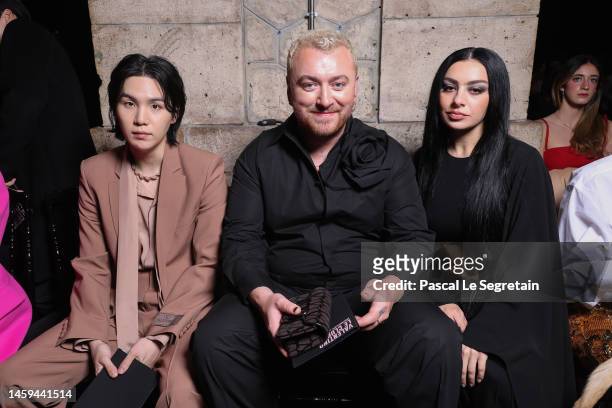 Suga, Sam Smith and Charli XCX attends the Valentino Haute Couture Spring Summer 2023 show as part of Paris Fashion Week on January 25, 2023 in...