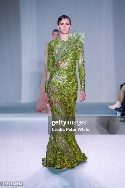 Model walks the runway during the Elie Saab Haute Couture Spring Summer 2023 show as part of Paris Fashion Week on January 25, 2023 in Paris, France.