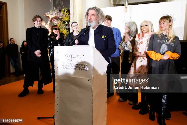 Jean-Pierre Blanc speaks, with Babeth Djian , Charles de Vilmorin , Bilal Hassani and other members of the fashion jury, during the announcement of...