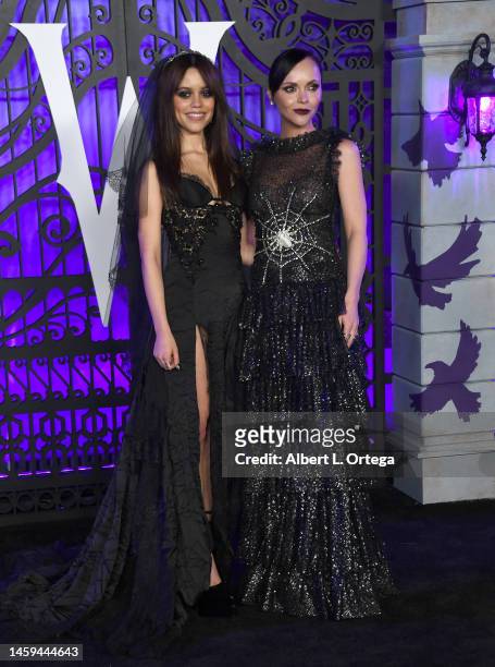 Jenna Ortega and Christina Ricci attends the World Premiere Of Netflix's "Wednesday" held at Hollywood Legion Theater on November 16, 2022 in Los...