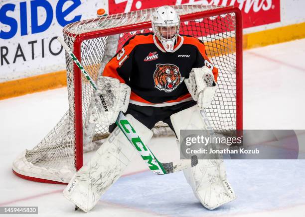Goaltender Evan May of the Medicine Hat Tigers guards the net during third period action against the Winnipeg ICE at Wayne Fleming Arena on January...