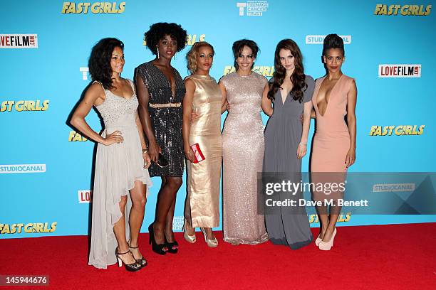 Actresses Hannah Frankson, Lashana Lynch, Lorraine Burroughs, Lenora Crichlow, Lily James and Dominique Tipper attend the UK premiere of "Fast Girls"...