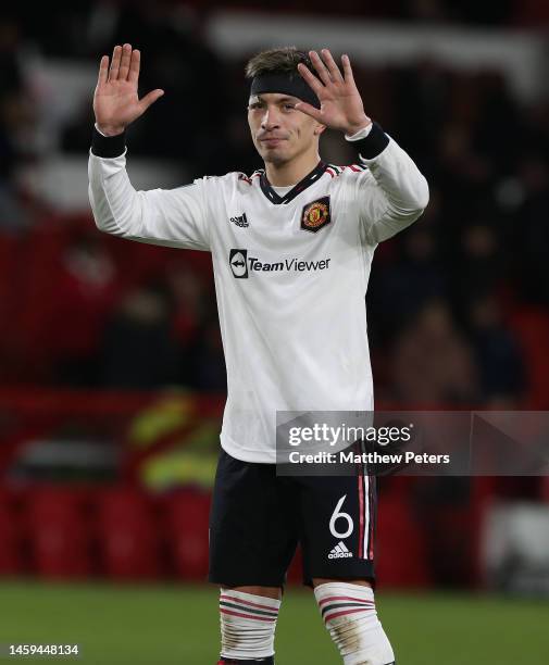 Lisandro Martinez of Manchester United celebrates after the Carabao Cup Semi Final 1st Leg match between Nottingham Forest and Manchester United at...