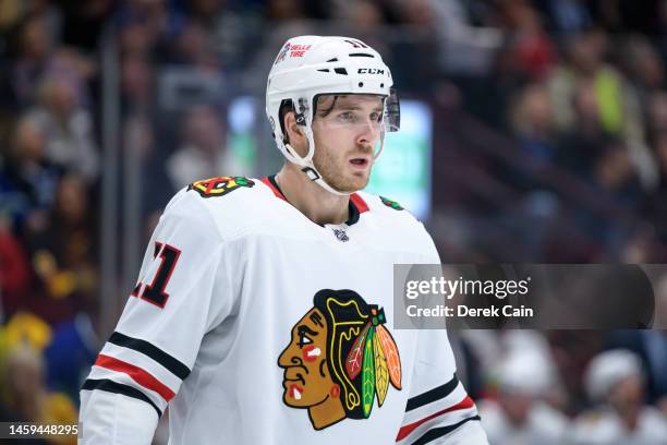 Taylor Raddysh of the Chicago Blackhawks waits for a face-off during the second period of their NHL game against the Vancouver Canucks at Rogers...