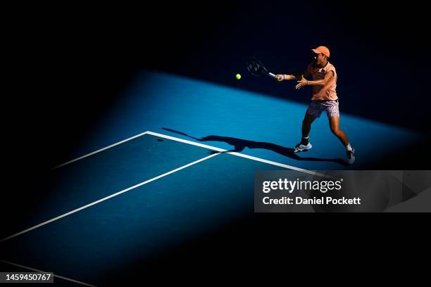 Rinky Hijikata of Australia plays a forehand during the round three men's doubles match against Tomislav Brkic of Bosnia and Herzegovina and Gonzalo...