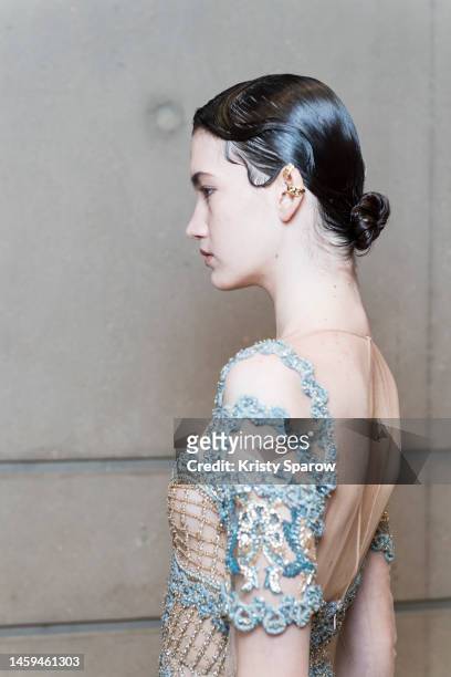 Model poses backstage prior to the Elie Saab Haute Couture Spring Summer 2023 show as part of Paris Fashion Week on January 25, 2023 in Paris, France.