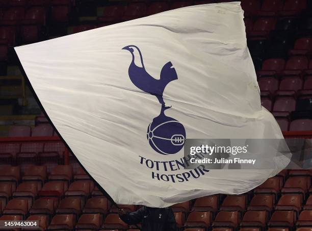 Spurs flag is waved at half time during the FA Women's Continental Tyres League Cup match between Tottenham Hotspur and Chelsea at Brisbane Road on...