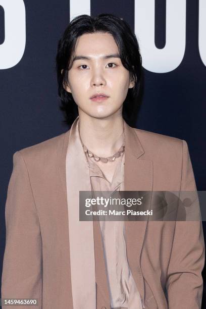 Suga from BTS attends the Valentino Haute Couture Spring Summer 2023 show as part of Paris Fashion Week on January 25, 2023 in Paris, France.