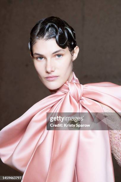 Model poses backstage prior to the Elie Saab Haute Couture Spring Summer 2023 show as part of Paris Fashion Week on January 25, 2023 in Paris, France.