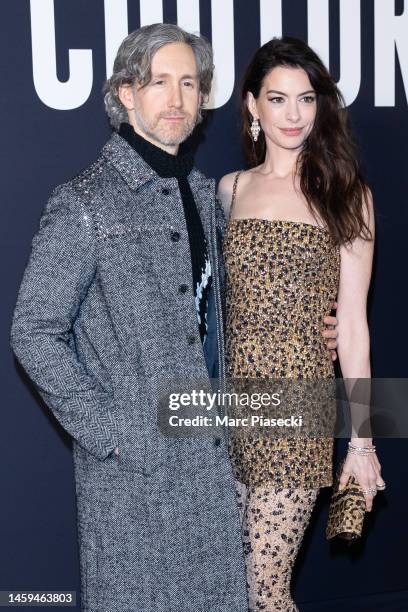 Adam Shulman and Anne Hathaway attend the Valentino Haute Couture Spring Summer 2023 show as part of Paris Fashion Week on January 25, 2023 in Paris,...