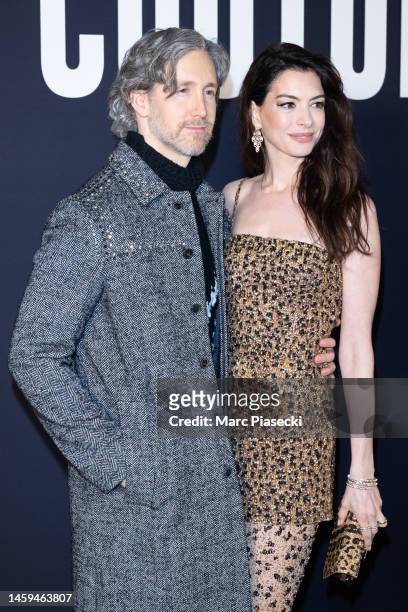 Adam Shulman and Anne Hathaway attend the Valentino Haute Couture Spring Summer 2023 show as part of Paris Fashion Week on January 25, 2023 in Paris,...