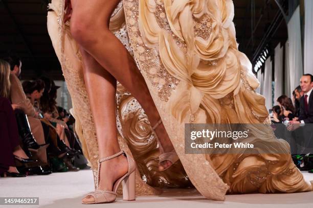 Model, shoe detail, walks the runway during the Elie Saab Haute Couture Spring Summer 2023 show as part of Paris Fashion Week on January 25, 2023 in...