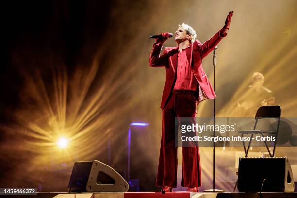 Achille Lauro, aka Lauro De Marinis, performs at Teatro degli Arcimboldi on January 25, 2023 in Milan, Italy.