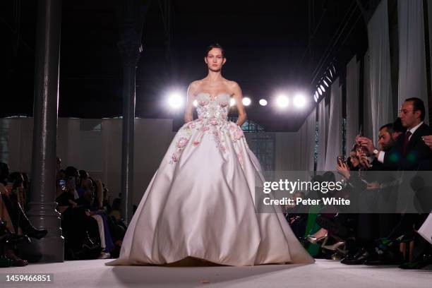 Model walks the runway during the Elie Saab Haute Couture Spring Summer 2023 show as part of Paris Fashion Week on January 25, 2023 in Paris, France.