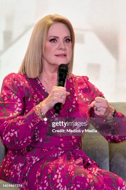 Erika Buenfil speaks during the press conference to present the soap opera 'Perdona Nuestros Pecados' at Hotel de MÈxico BelAir Collection on January...