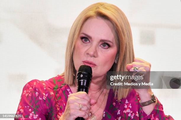 Erika Buenfil speaks during the press conference to present the soap opera 'Perdona Nuestros Pecados' at Hotel de MÈxico BelAir Collection on January...