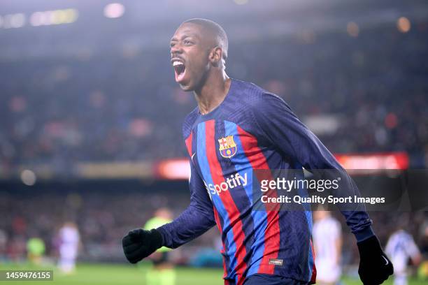 Ousmane Dembele of FC Barcelona celebrates after scoring his team's first goal during the Copa Del Rey Quarter Final match between FC Barcelona and...