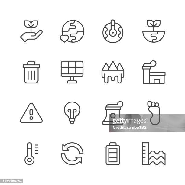 stockillustraties, clipart, cartoons en iconen met climate change line icons. editable stroke. pixel perfect. for mobile and web. contains such icons as carbon footprint, co2, earth, ecology, environment, global warming, iceberg, melting, nature, nuclear energy, planet, plastic, polar bear, recycling. - carbon cycle