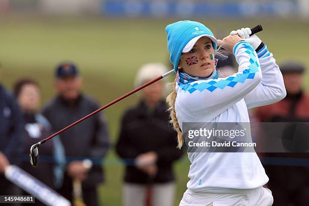 Bronte Law of England and the Great Britain and Ireland team plays her tee shot on the second hole during the morning foursomes matches in the 37th...