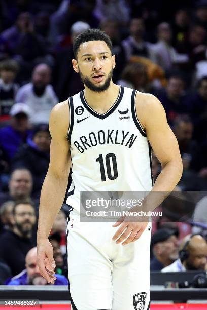 Ben Simmons of the Brooklyn Nets looks on during the first quarter against the Philadelphia 76ers at Wells Fargo Center on January 25, 2023 in...
