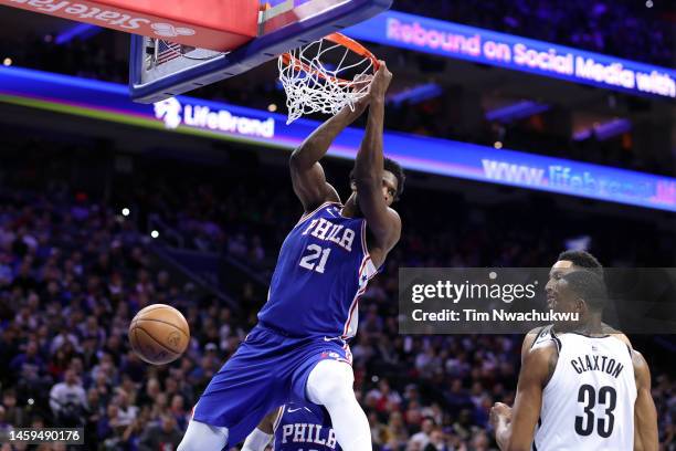 Joel Embiid of the Philadelphia 76ers dunks during the second quarter against the Brooklyn Nets at Wells Fargo Center on January 25, 2023 in...