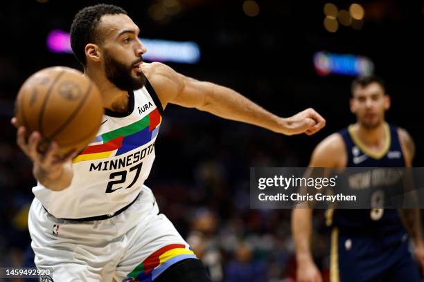 Rudy Gobert of the Minnesota Timberwolves saves a ball from out of bounds against the New Orleans Pelicans at the Smoothie King Center on January 25,...