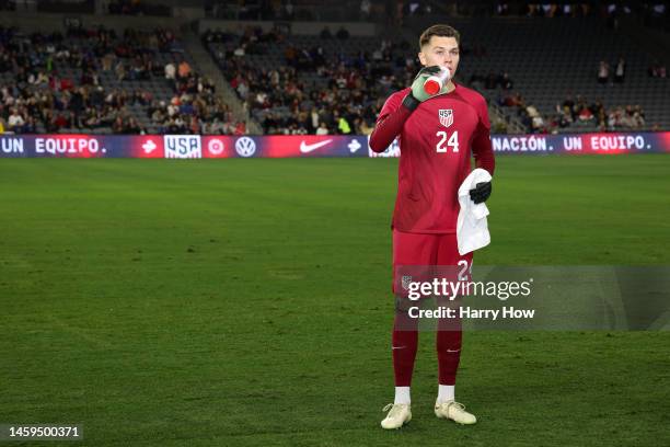 Gaga Slonina of the United States takes a drink of water prior to the International Friendly match against Serbia at BMO Stadium on January 25, 2023...