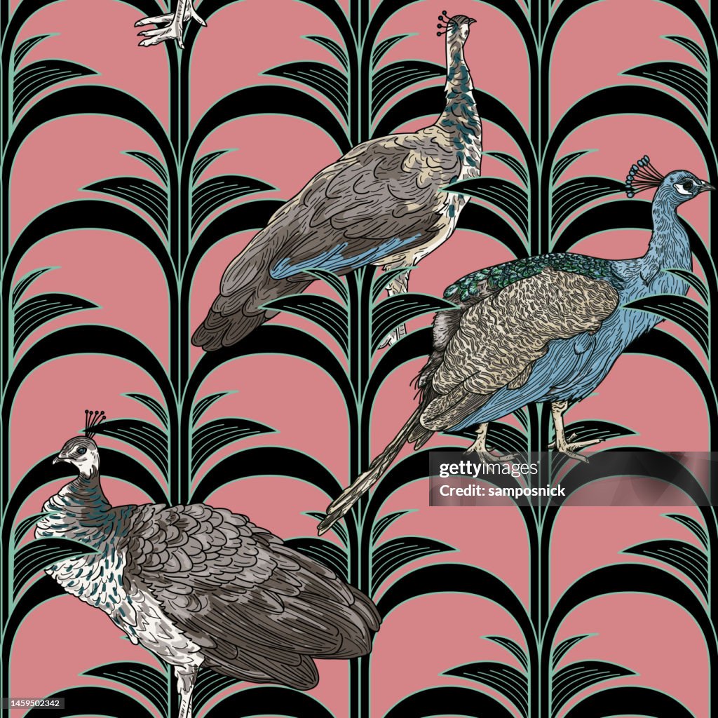 Regency Pattern Svg Modern Art Deco Hollywood Regency Peacock And Peahen Seamless Pattern ...