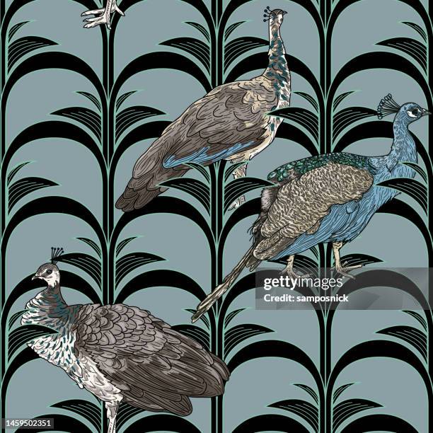 modern art deco hollywood regency peacock and peahen seamless pattern - peacock stock illustrations